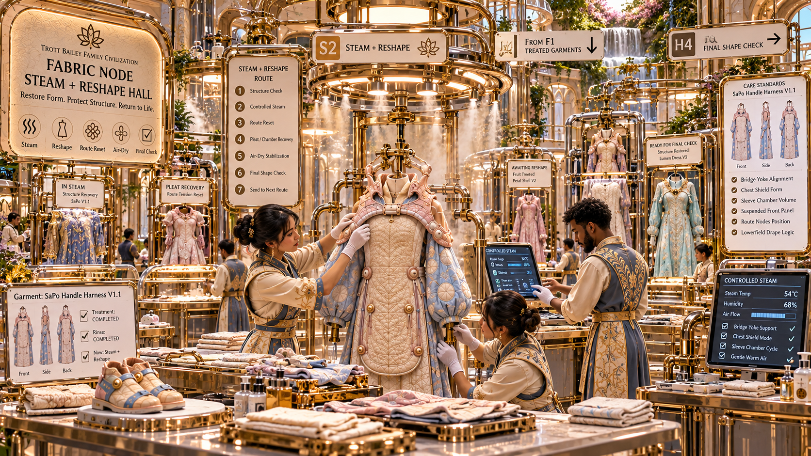 Three people in a futuristic garment care facility, wearing ornate uniforms, meticulously work on elaborate clothing with golden machinery and digital displays showing "FABRIC NODE STEAM + RESHAPE HALL