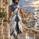 A man with an afro and beard walks on a wet, ornate balcony in a blue and white patterned tunic, overlooking a futuristic coastal city with sailboats at sunset