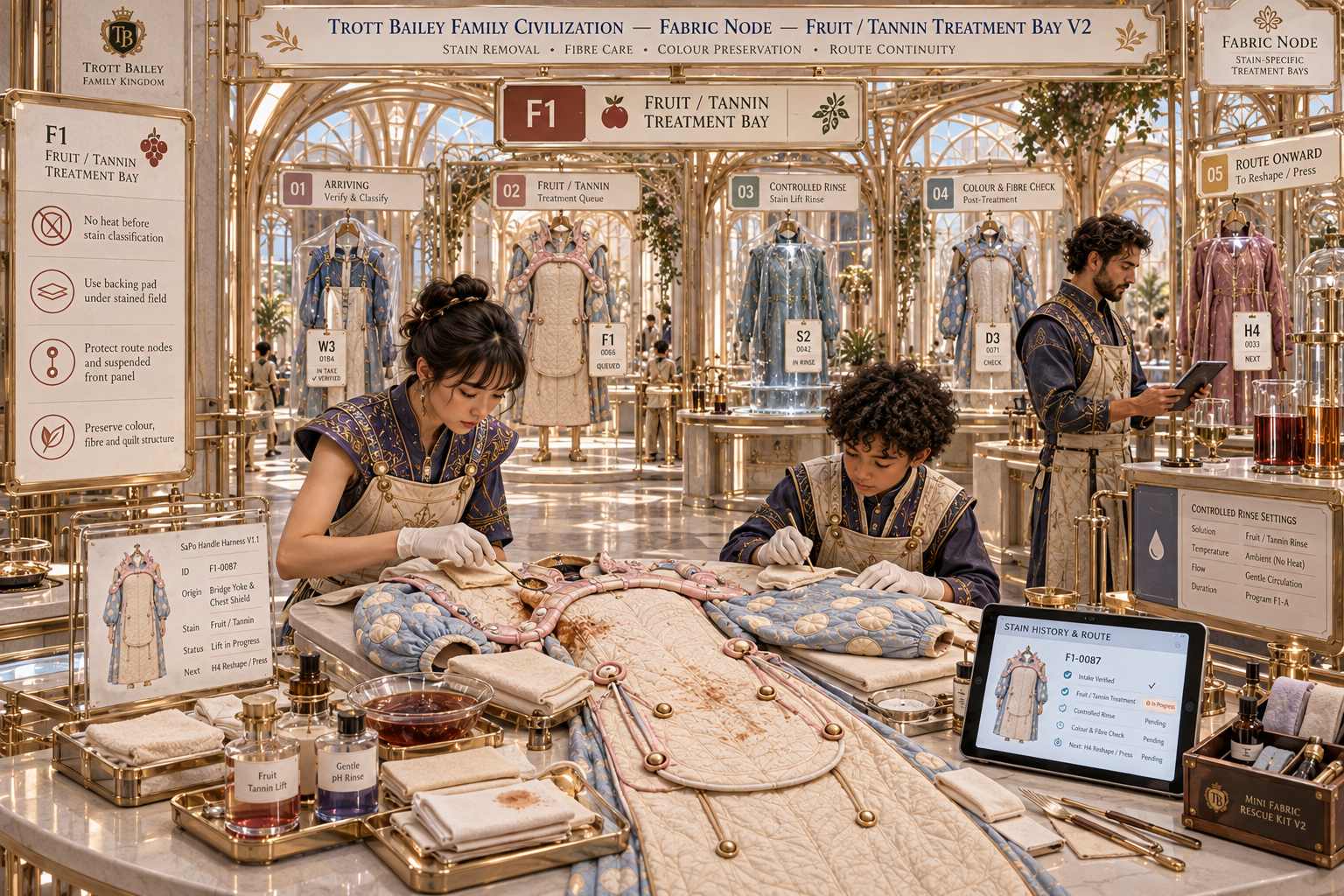 Three people in ornate aprons meticulously clean and restore an elaborate, stained garment in a grand, futuristic "Trott Bailey Family Civilization" fabric treatment facility
