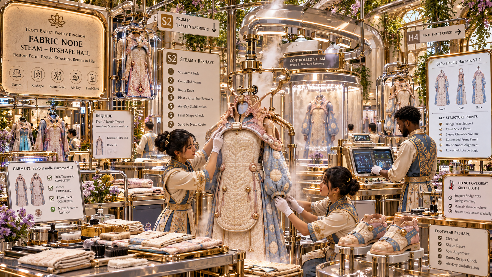 Two women in ornate uniforms meticulously adjust a large, intricately designed garment on a mannequin in a fantastical "FABRIC NODE STEAM + RESHAPE HALL" with gold piping and steam