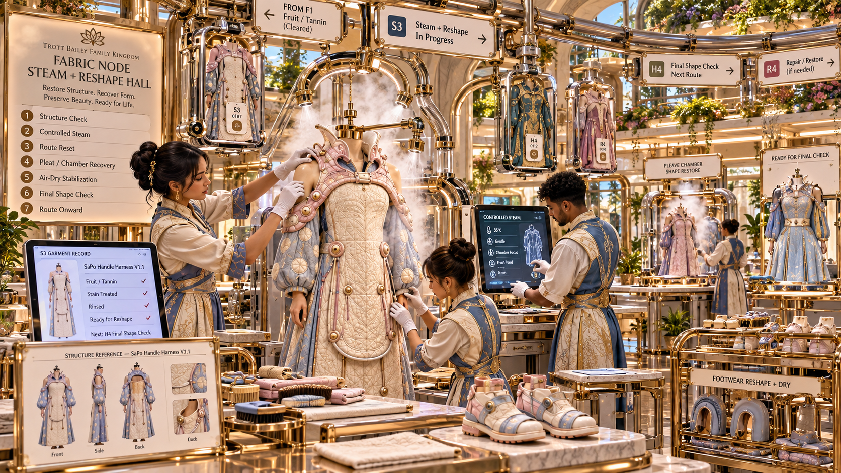 Three people in a luxurious "FABRIC NODE STEAM + RESHAPE HALL" are meticulously steaming and restoring elaborate garments on mannequins, surrounded by golden machinery and lush greenery