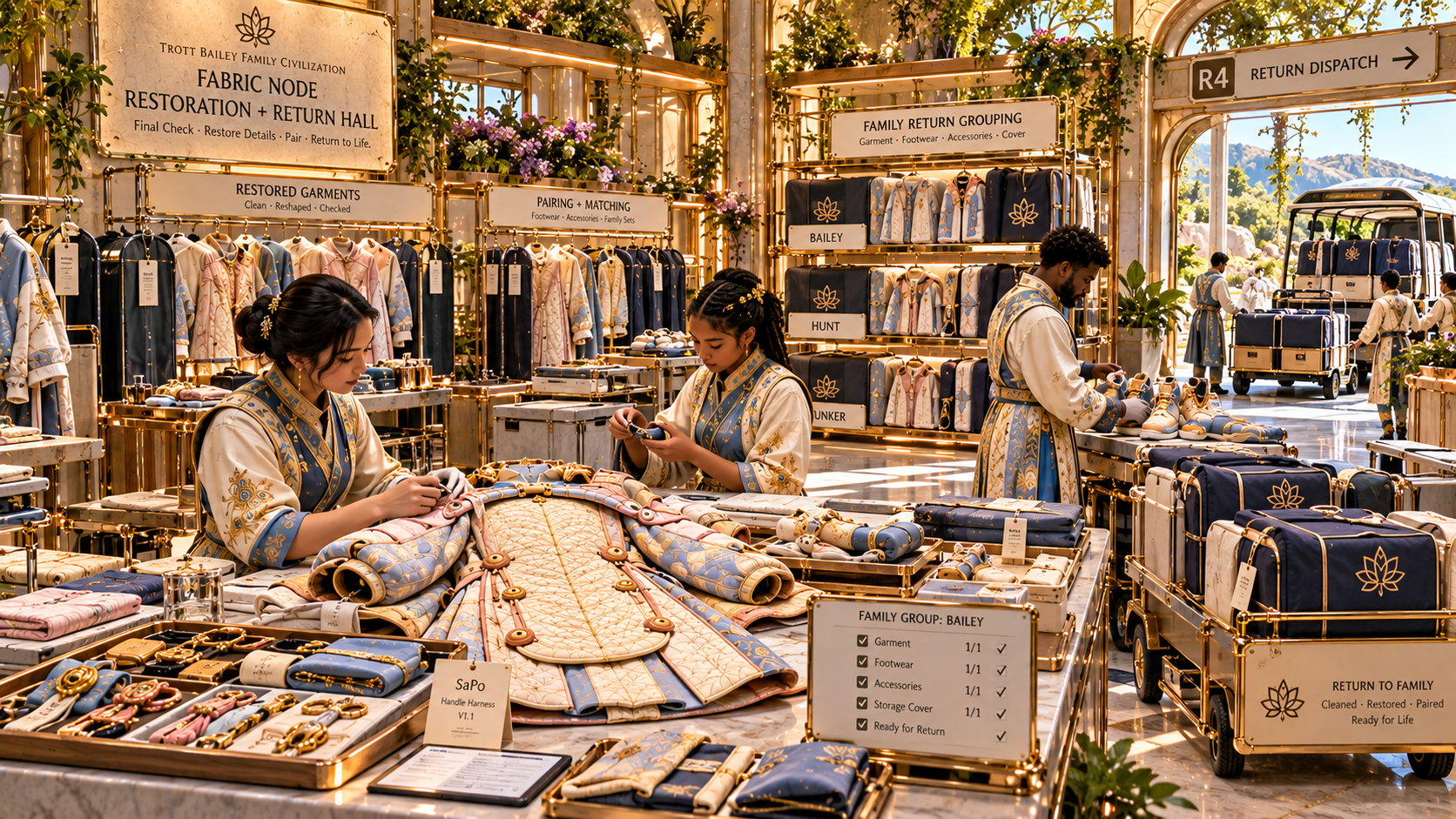 Employees in ornate blue and gold uniforms meticulously prepare garments and accessories at "TROTT BAILEY FAMILY CIVILIZATION FABRIC NODE RESTORATION + RETURN HALL," with packed luggage carts heading towards "RETURN DISPATCH" outdoors