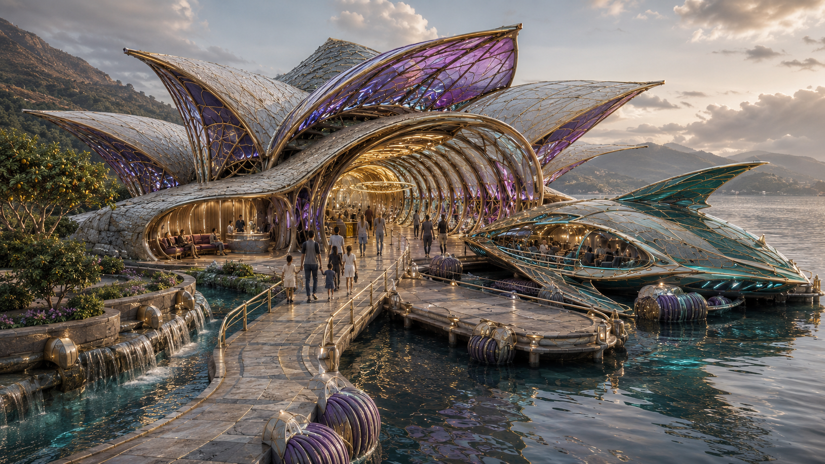A futuristic, lotus-shaped building with purple and gold accents sits on a waterfront with people walking on a curved pathway and a fish-shaped boat docked nearby.