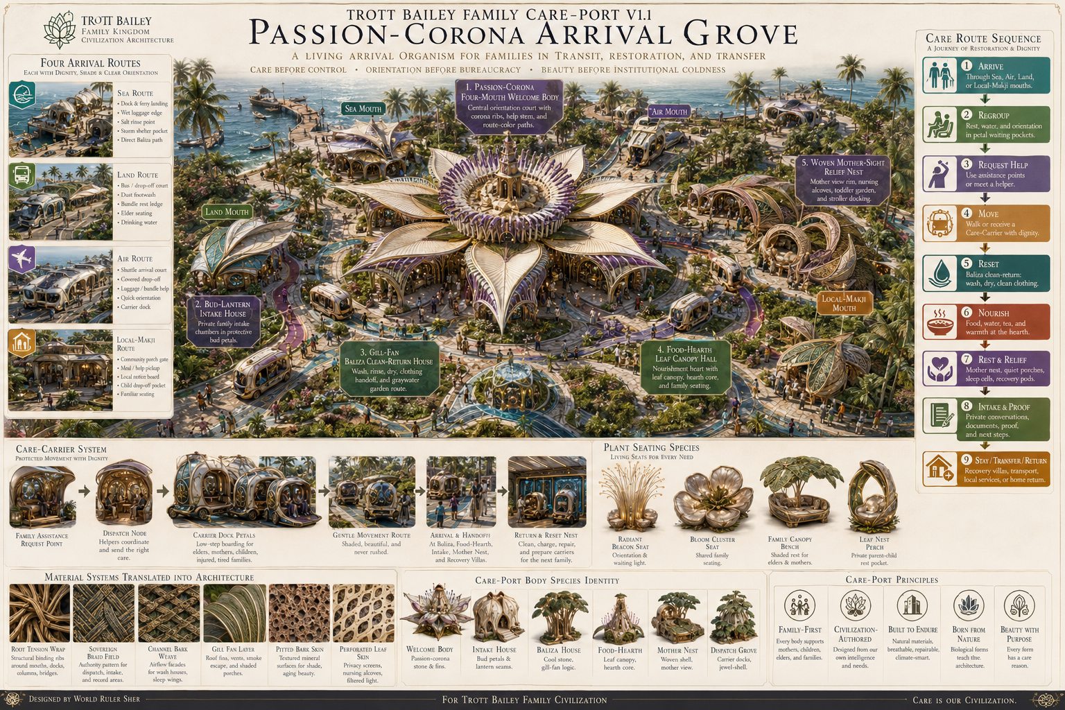 An intricate, futuristic map titled “CATERPORT BODY” displays a sprawling, illuminated resort with interconnected water channels, land routes, and air terminals, featuring detailed