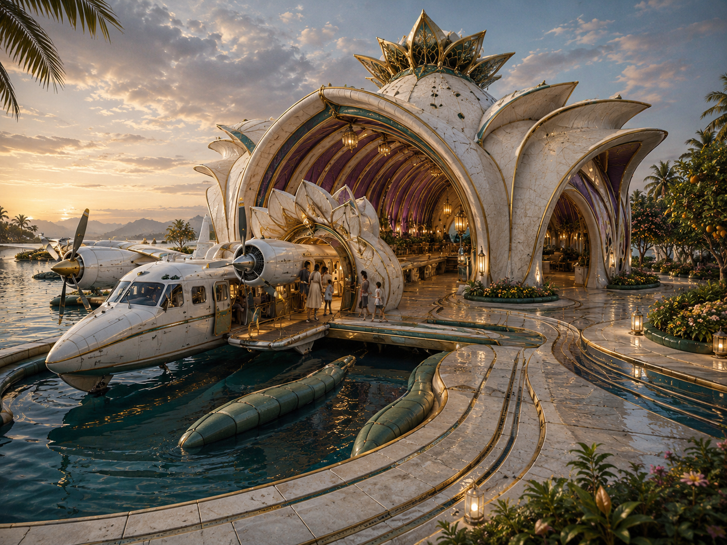 A seaplane docked at a luxurious, lotus-shaped building with people disembarking, surrounded by palm trees and water at sunset.