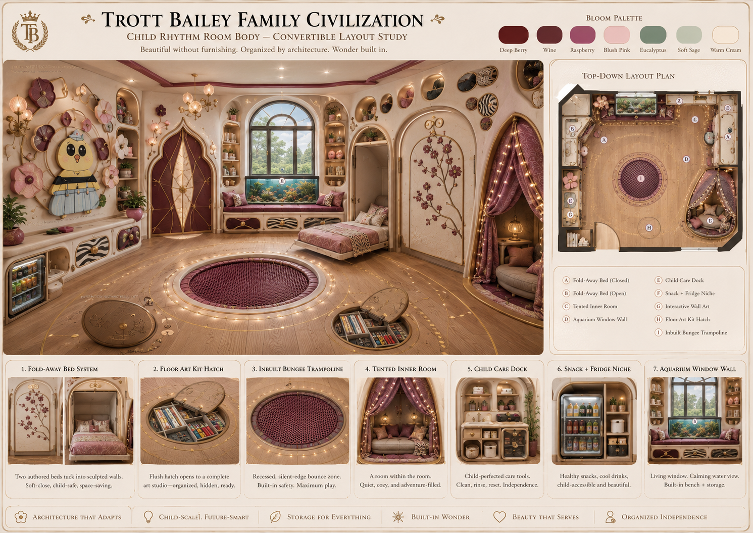 A child’s room with a “Trott Bailey Family Civilization” theme features a built-in trampoline, fold-away bed, aquarium window, and a tented inner room, all designed for convertible living.