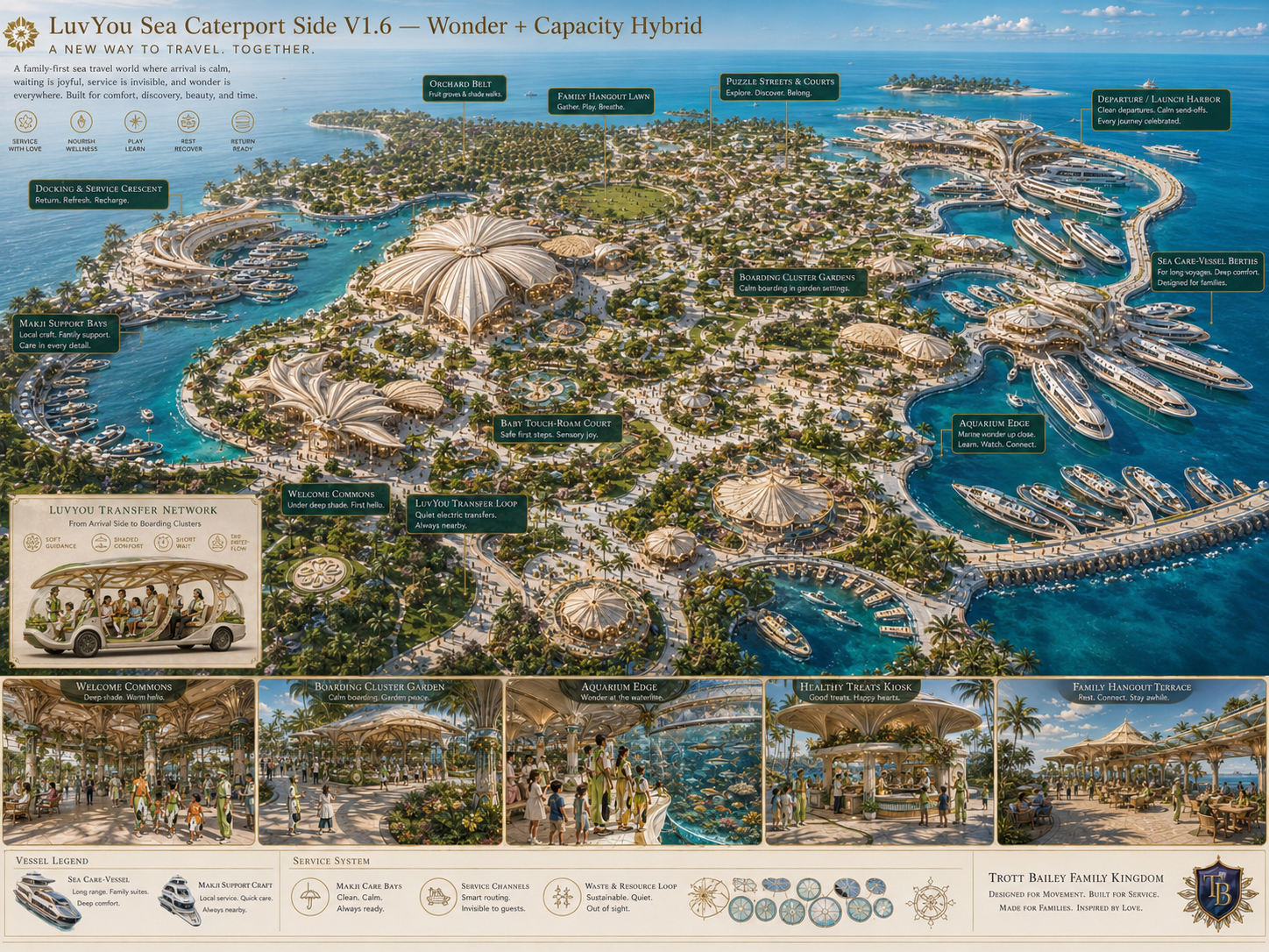 An aerial view of a luxurious, futuristic island resort with multiple docks, yachts, and buildings, surrounded by lush palm trees and clear blue water.