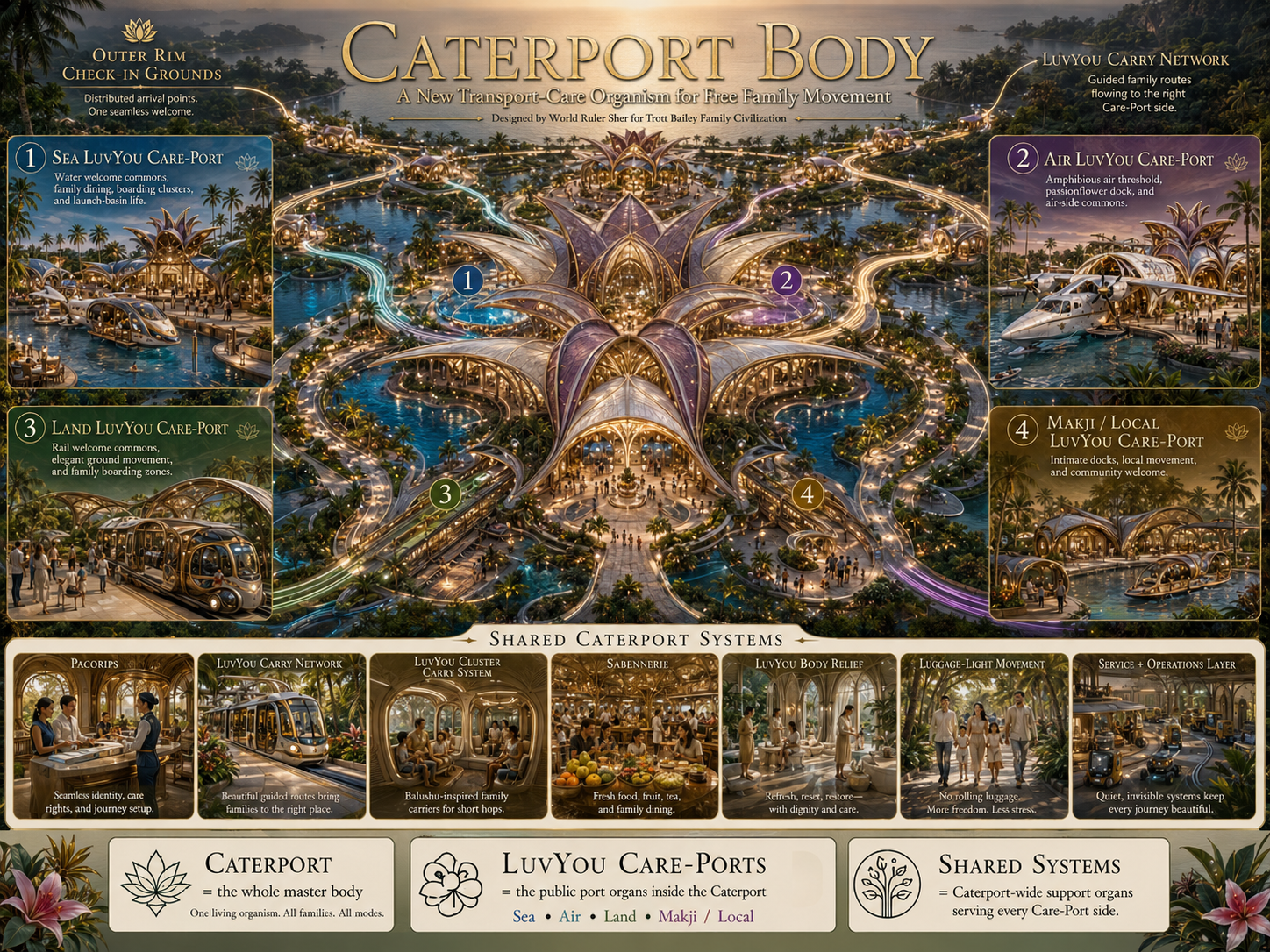 An intricate, futuristic map titled “CATERPORT BODY” displays a sprawling, illuminated resort with interconnected water channels, land routes, and air terminals, featuring detailed
