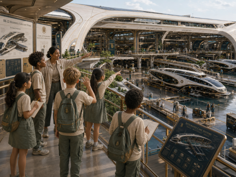 A teacher points out sleek, futuristic vehicles in a large, multi-level hangar to a group of five children on a field trip.