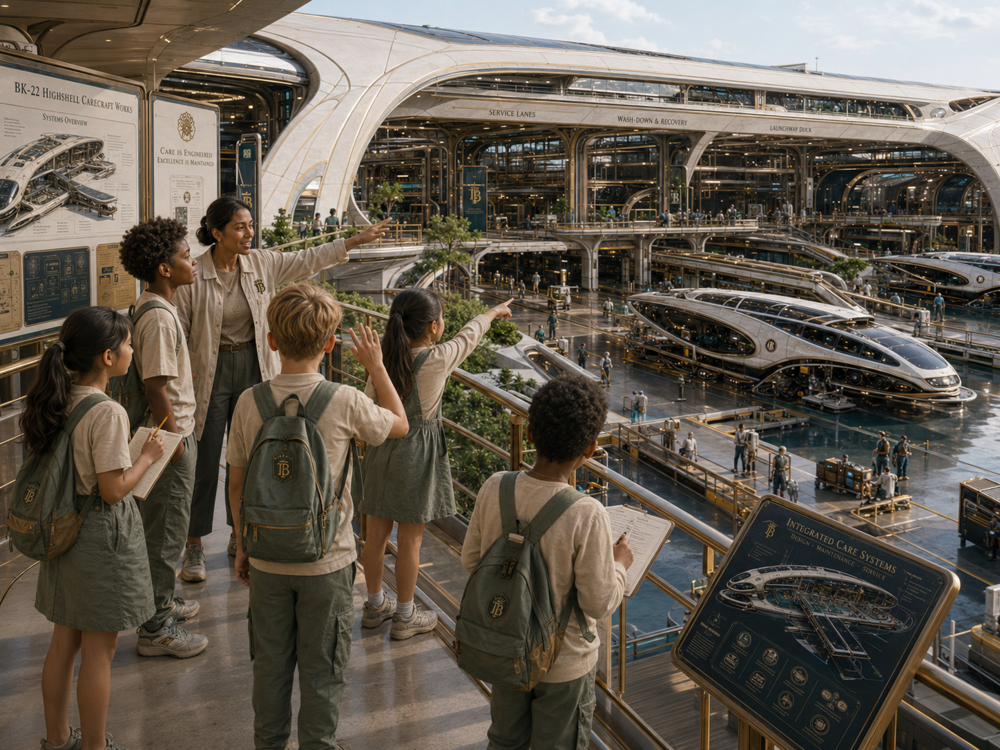 A teacher points out sleek, futuristic vehicles in a large, multi-level hangar to a group of five children on a field trip.
