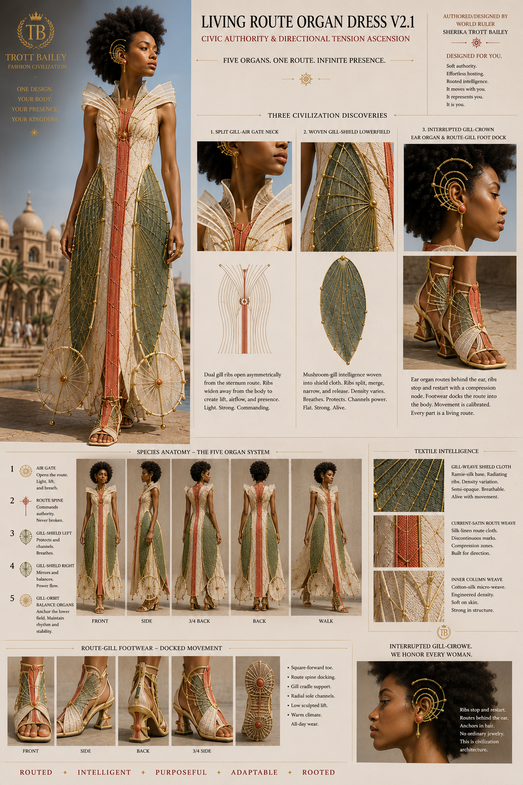 A detailed infographic displays a woman modeling a long, flowing dress with intricate gill-like patterns, accompanied by close-ups of the garment’s design, footwear, and textile details.