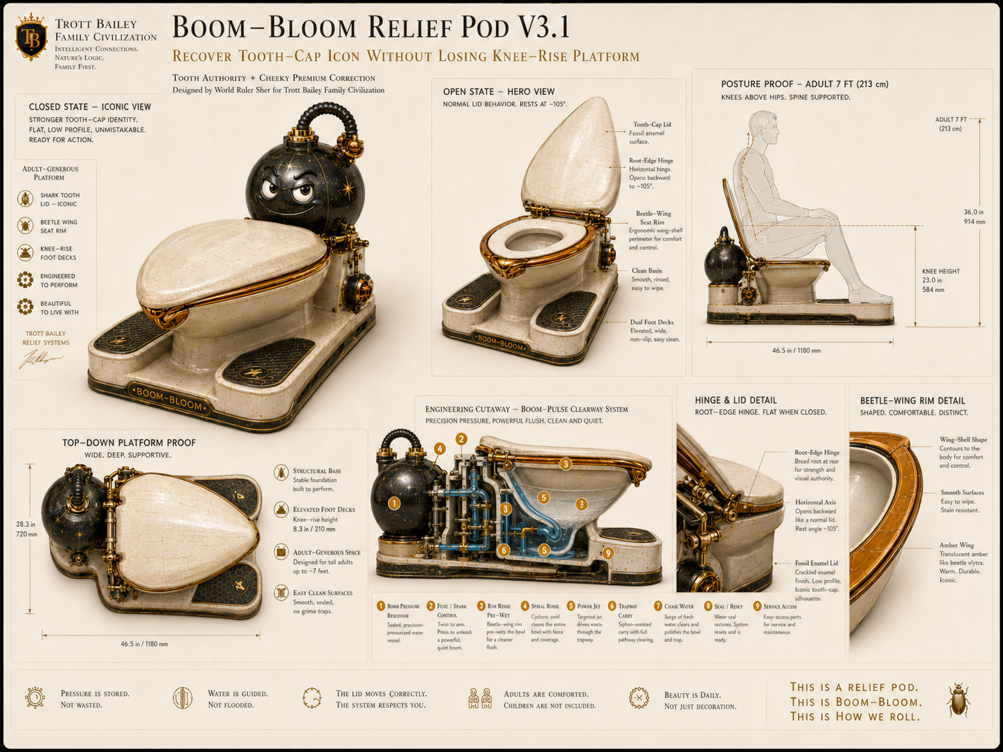 An infographic showcasing the “Boom-Bloom Relief Pod V3.1” toilet, with detailed views, measurements, and descriptions of its features and engineering.