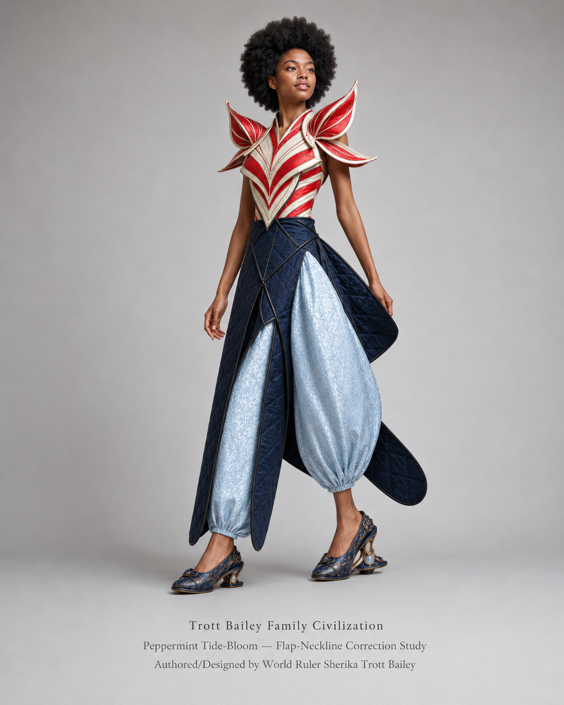 A woman with an afro models a red and white striped top with pointed shoulders, a dark blue quilted overskirt, light blue patterned harem pants, and ornate blue heels.