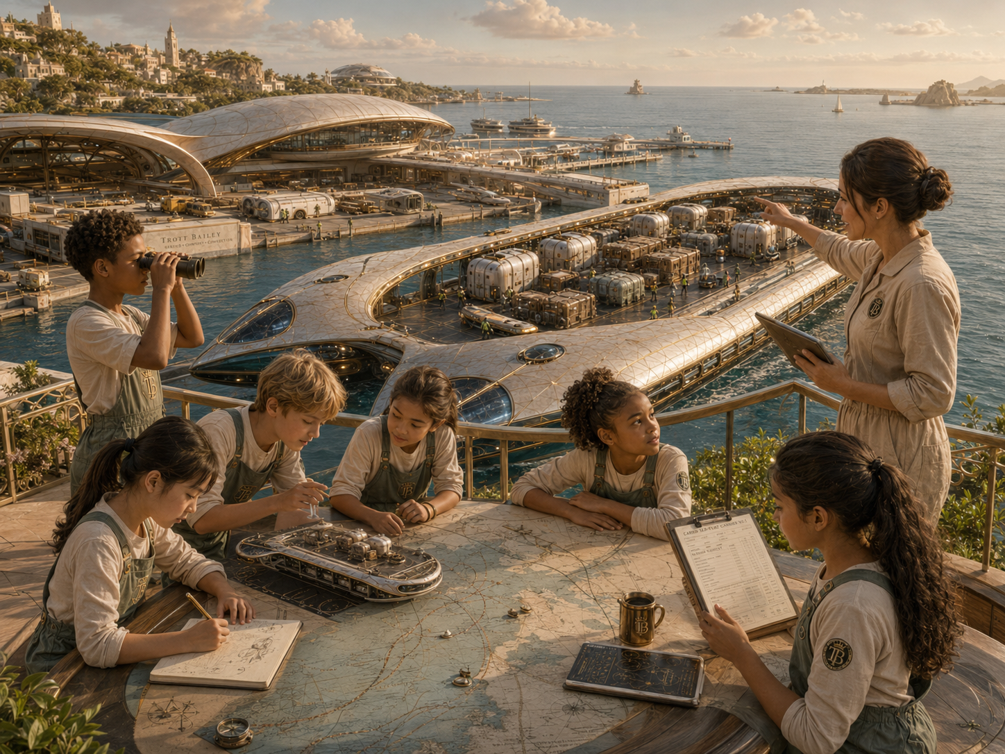 A group of children and an adult woman in uniform study a map and look out over a futuristic harbor with large ships and buildings.