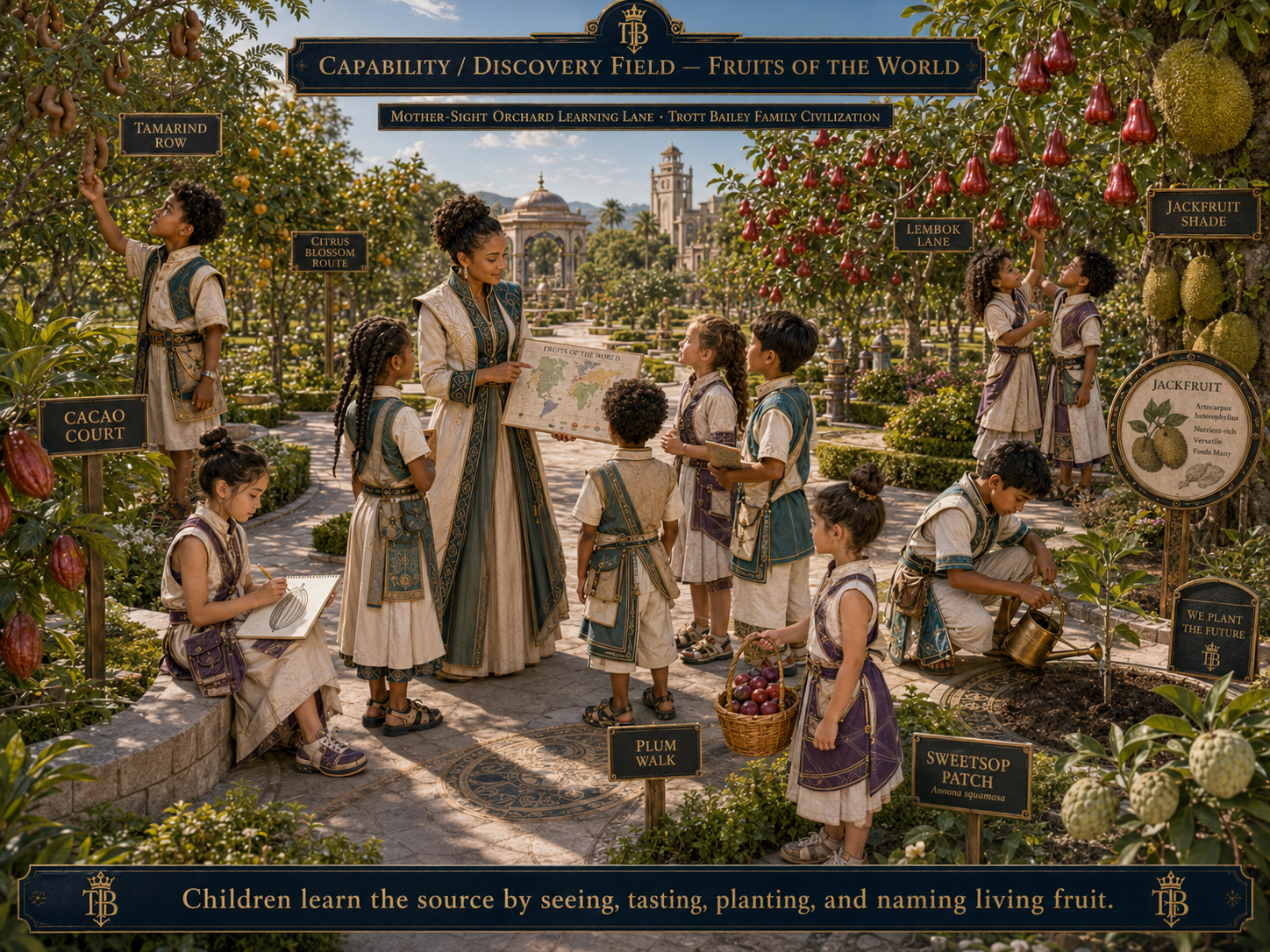 A teacher shows a world map to children in an orchard with various fruit trees and signs like “Tamarind Row” and “Jackfruit Shade.”