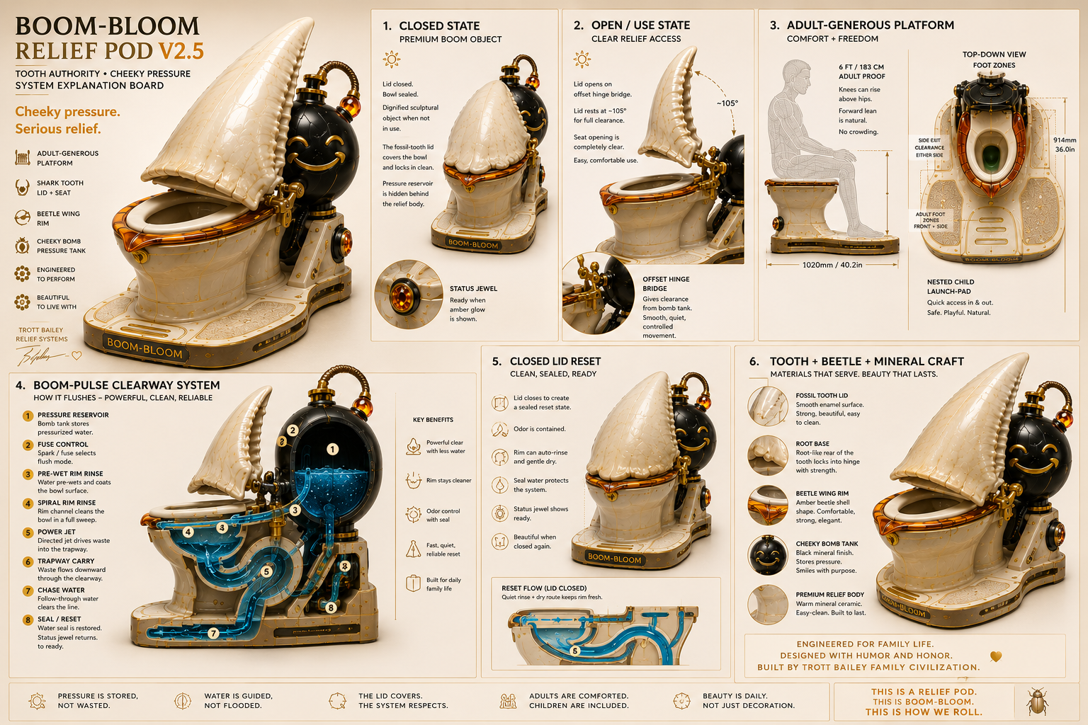 A playful “Boom Relief Pod V2” toilet, shaped like a cartoon bomb with a smiling face, is displayed from multiple angles alongside its features and “Authored Material Palette.”