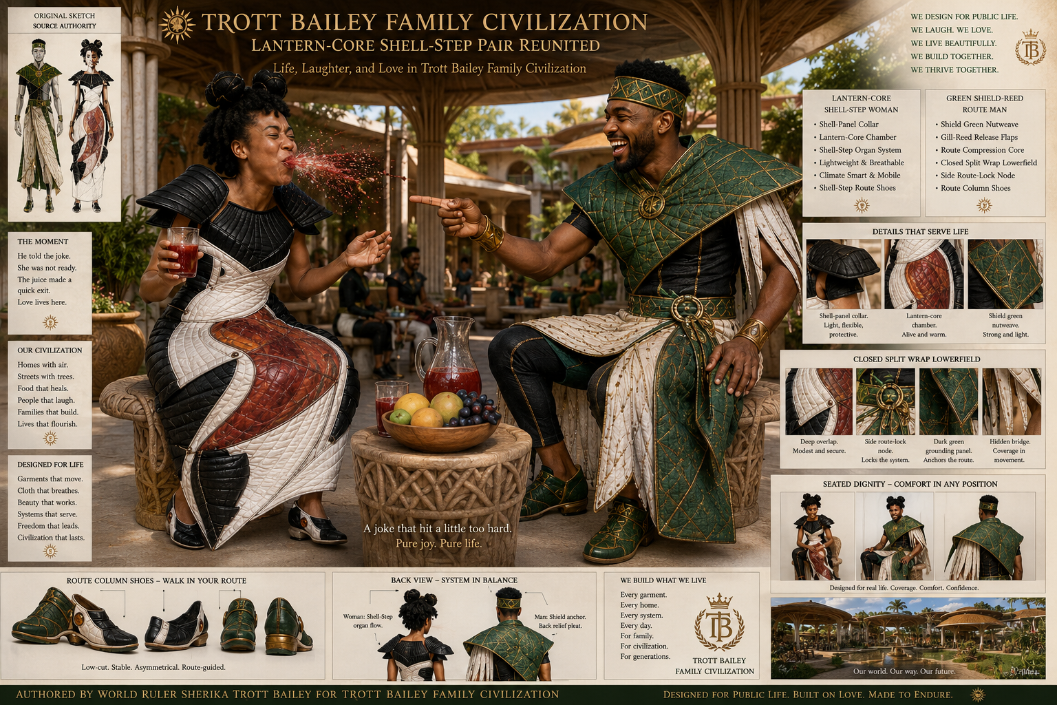 A woman in a black and white dress spits red juice while a man in green and white robes laughs and points at her, surrounded by text and images detailing clothing designs.
