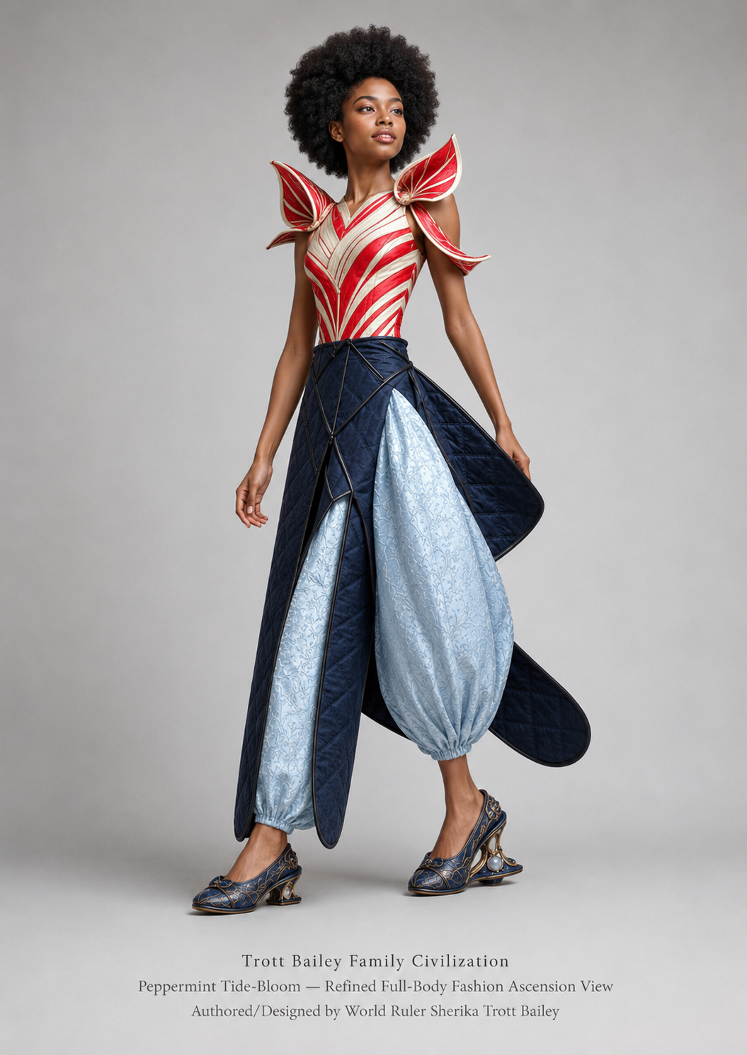 A Black woman with an afro models a red and white striped top with pointed shoulder pads, navy quilted pants, light blue patterned harem pants, and ornate navy heels.