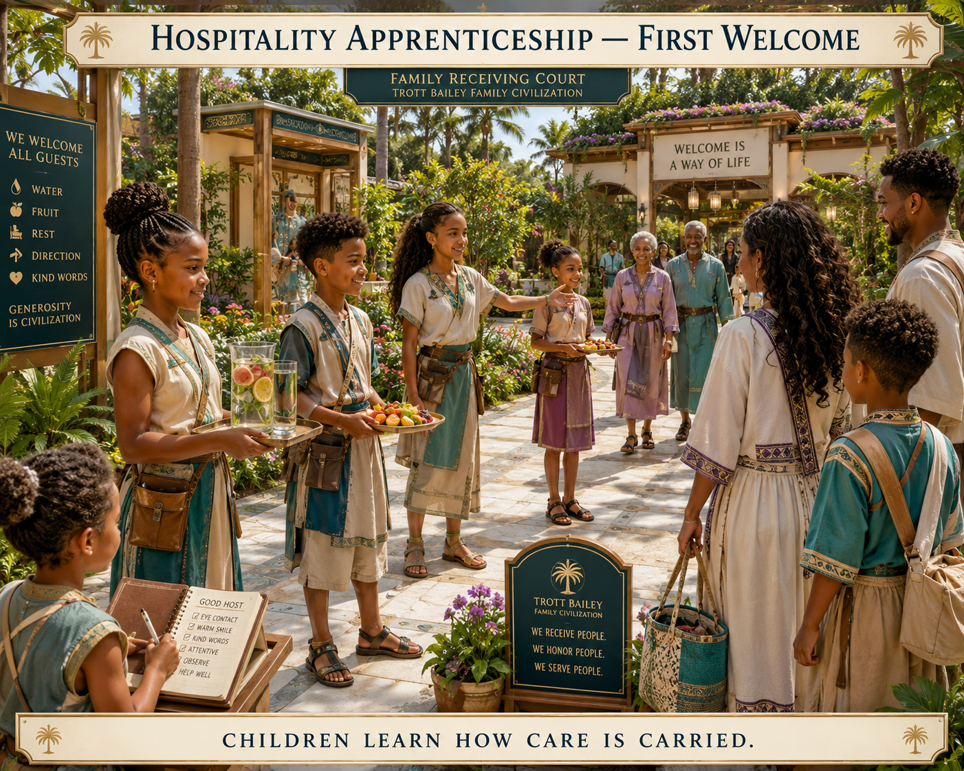 Children in ancient-style clothing offer fruit and drinks to arriving adults in a lush, tropical courtyard with signs about hospitality.