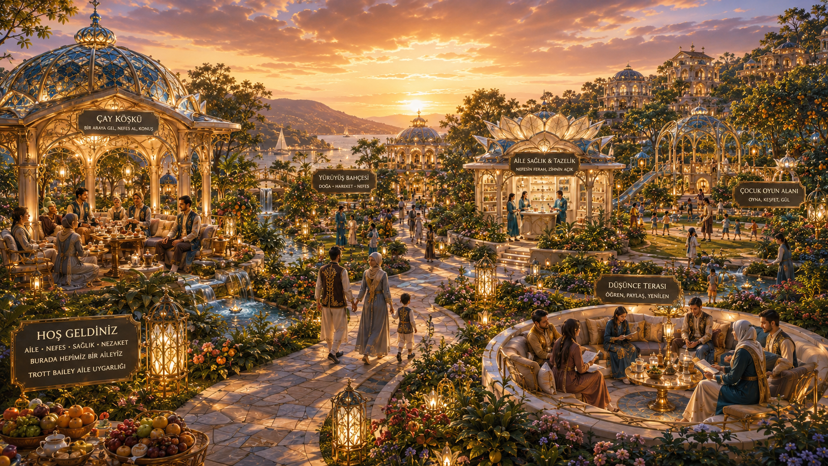 A vibrant, utopian community thrives at sunset, with people enjoying various activities in ornate gazebos and lush gardens, including a “ÇAY KÖŞKÜ” (Tea Pavilion) and “AİLE SAĞLIK & TAZELİK” (Family Health & Freshness) stand.