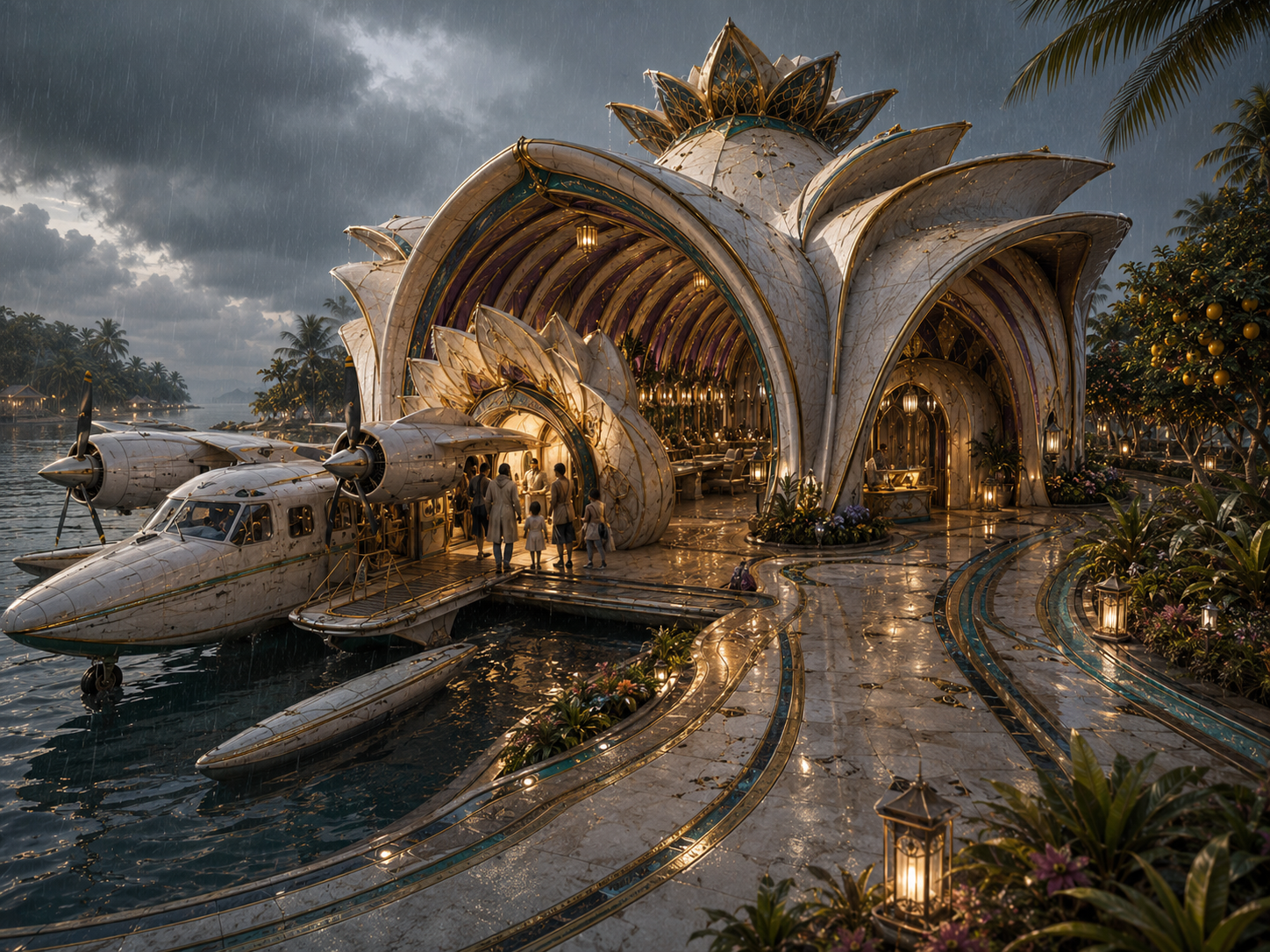 A seaplane docks at a luxurious, lotus-shaped resort on a tropical island during a rainy evening, with people disembarking onto a lit pathway.