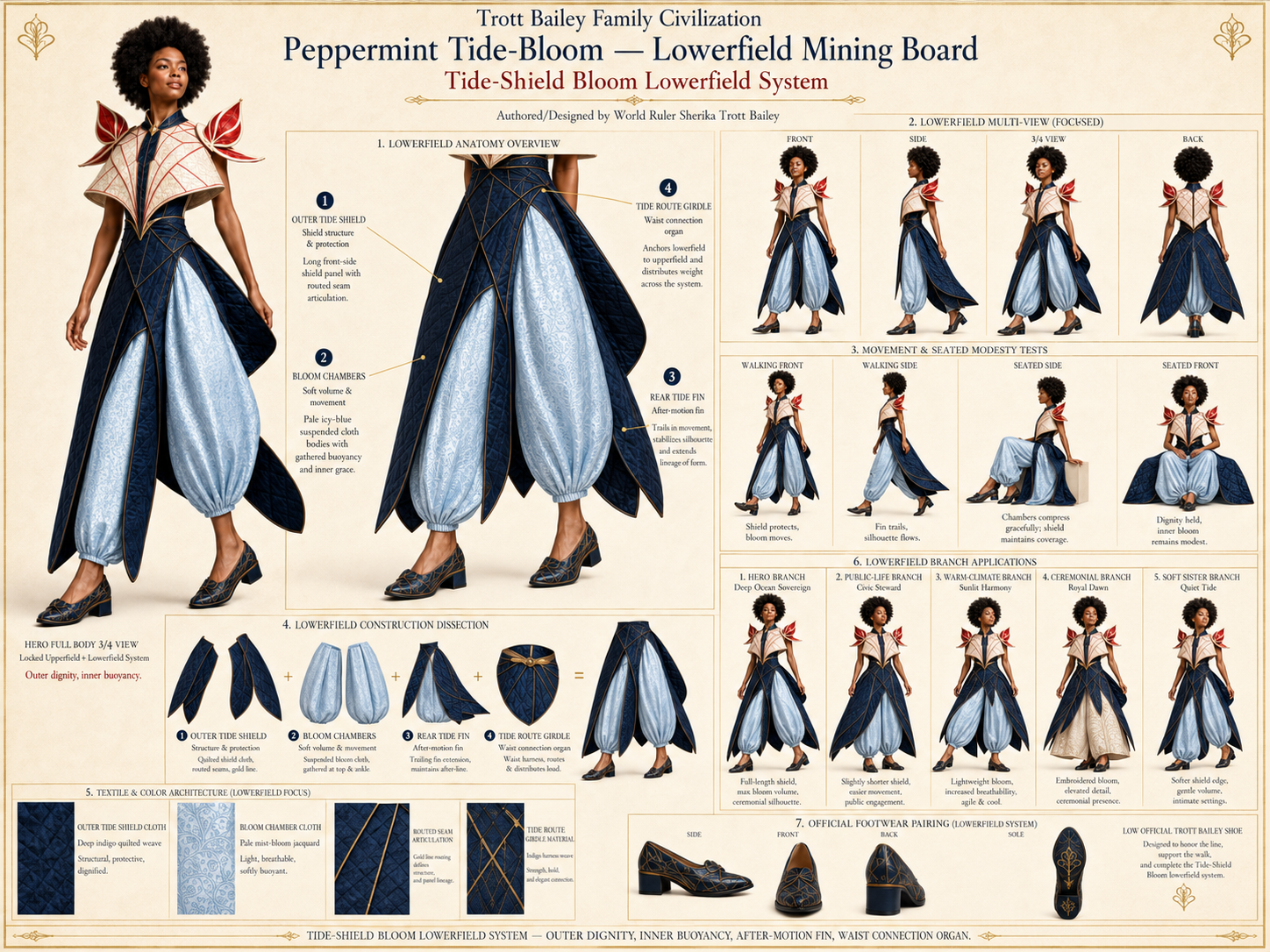 A detailed diagram of the Peppermint Tide-Bloom Lowerfield Mining Board Tide-Shield Bloom Lowerfield System, featuring a woman modeling the blue and white garment, construction details, and different applications.