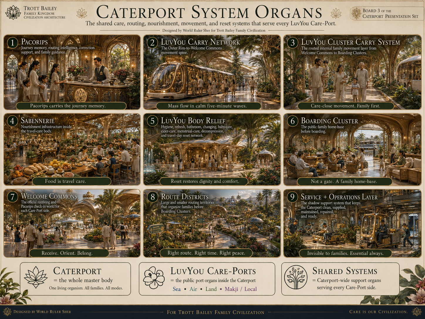 A presentation board titled “Caterport System Organs” with nine illustrated panels depicting futuristic, ornate architectural spaces and people.