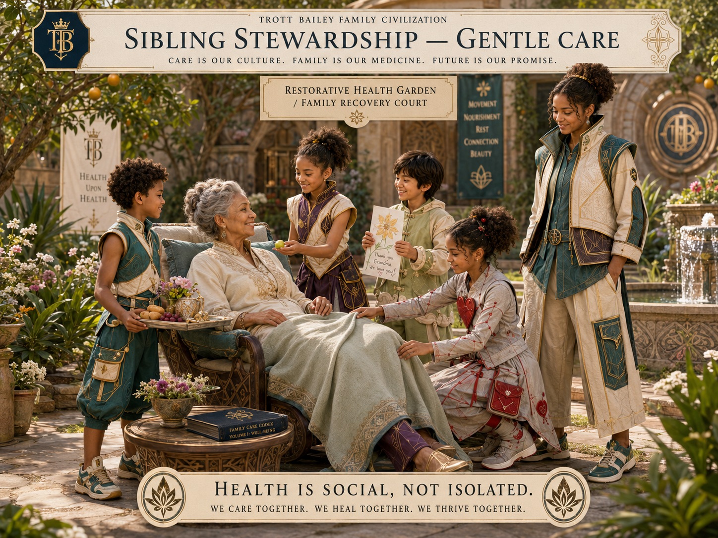 An older woman sits in a chair surrounded by five children offering her fruit, a drawing, and gentle care in a lush garden.
