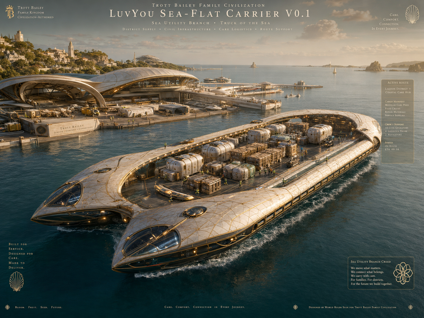 A futuristic catamaran cargo ship, “LuvYou Sea-Flat Carrier V0.1,” transports crates and pods across a harbor with a bustling port and coastal city in the background.
