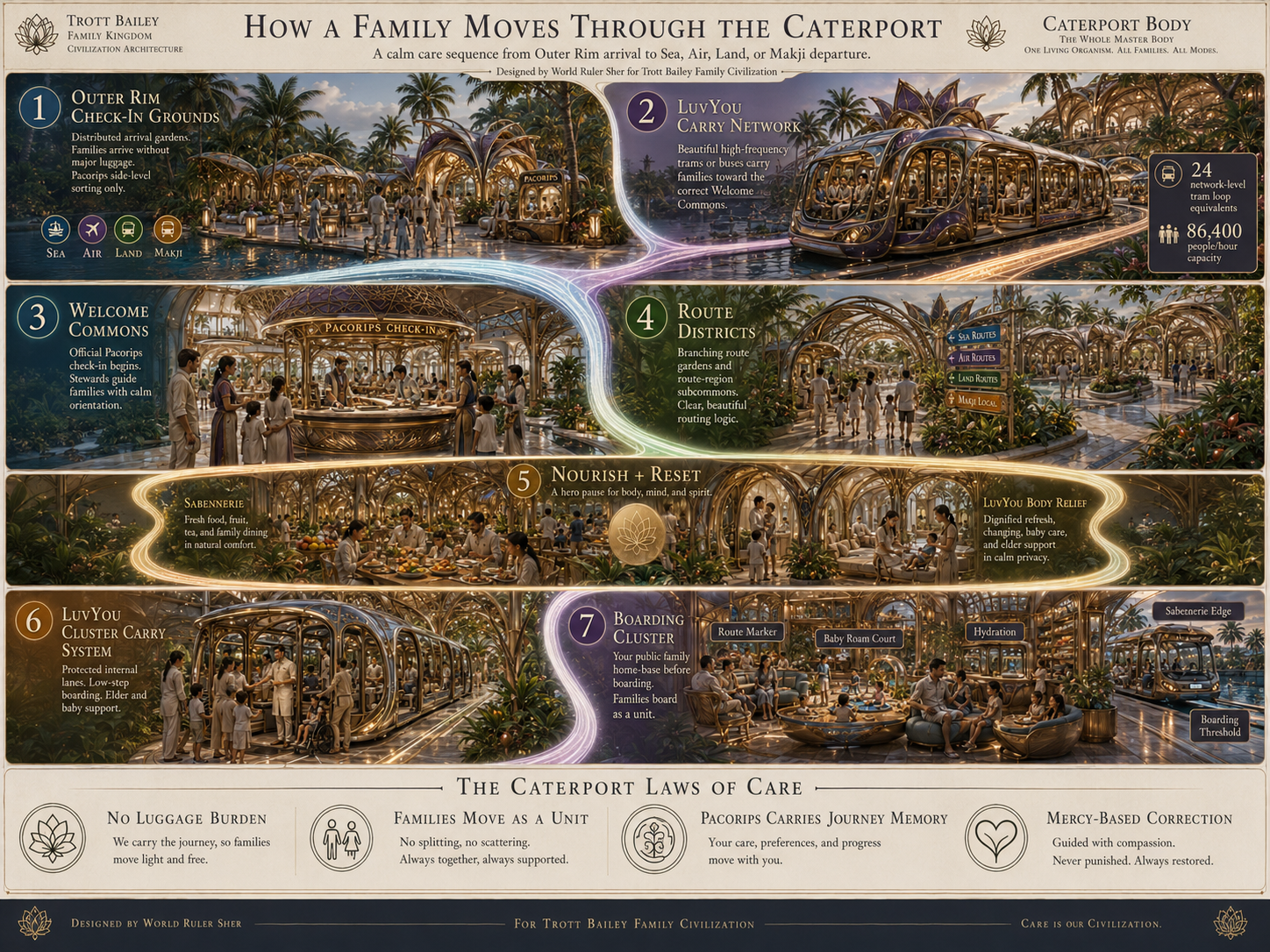 An infographic titled “How a Family Moves Through the Caterport” shows seven steps of a family’s journey through a luxurious, futuristic transportation hub with lush gardens and el