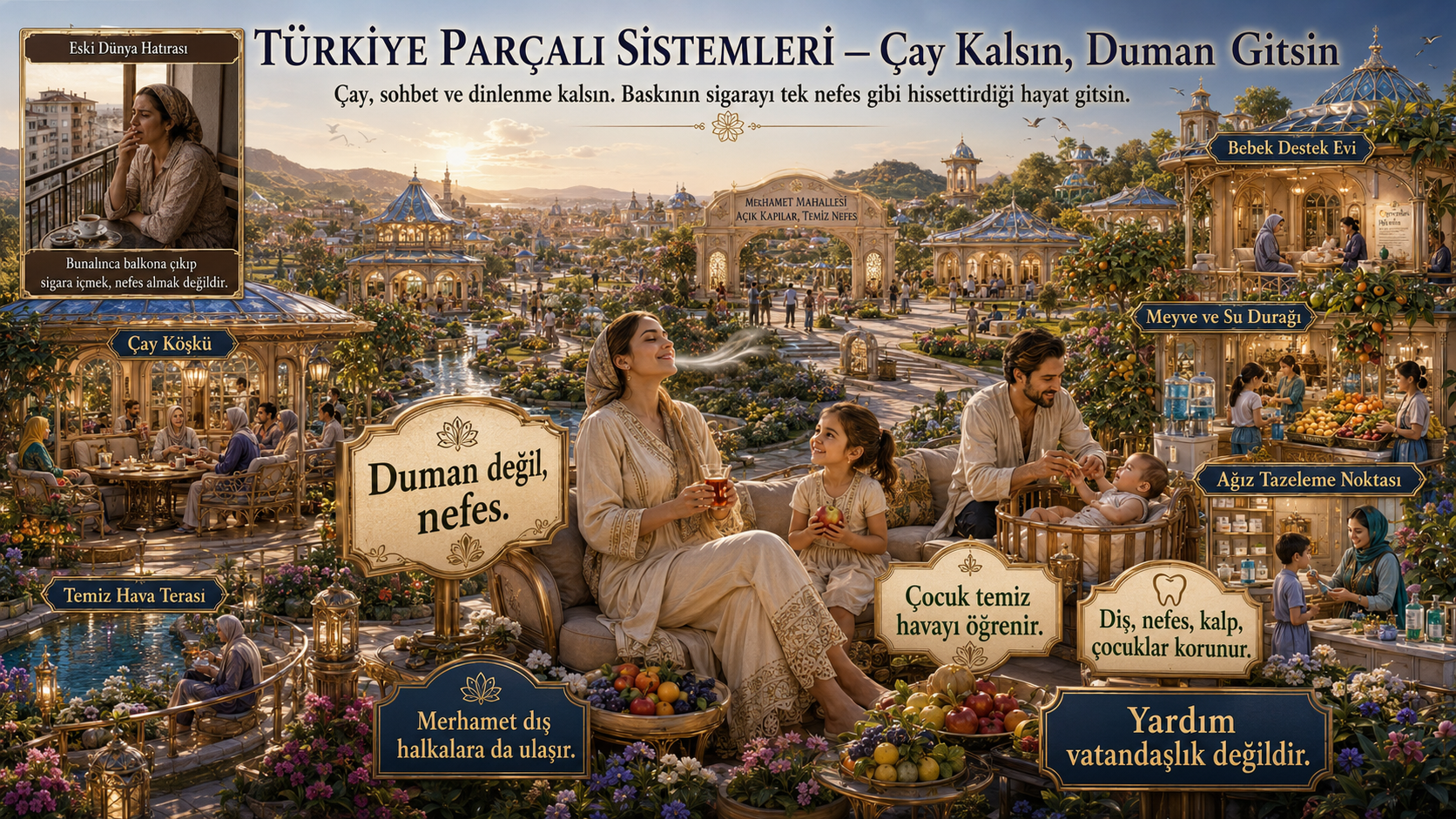 An illustration of a utopian Turkish city with people enjoying clean air and healthy activities, contrasting with a woman smoking on a balcony in a city apartment.