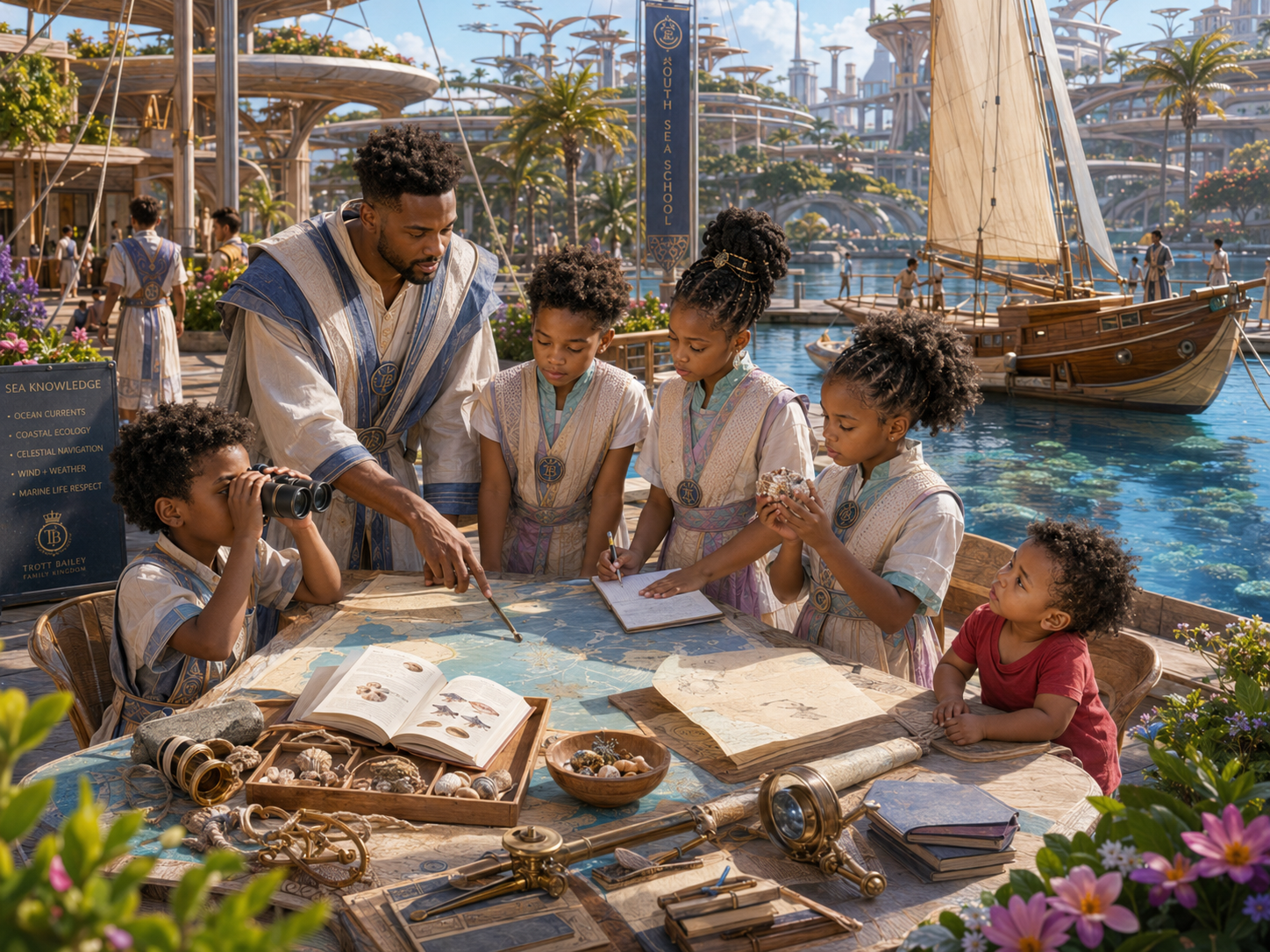 A man in blue and white robes teaches five children about “SEA KNOWLEDGE” and navigation using a map, books, and shells at a table by a clear blue sea with a sailboat and futuristic buildings.