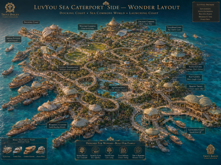 An aerial map of the “LuvYou Sea Caterport Side – Wonder Layout” shows a sprawling island resort with docks, lush greenery, and various themed areas like “Welcome Commons” and “Aqu