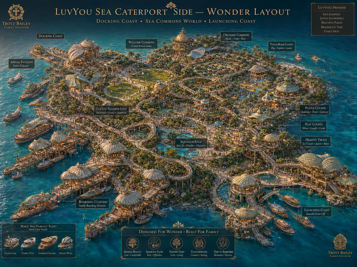 An aerial map of the “LuvYou Sea Caterport Side – Wonder Layout” shows a sprawling island resort with docks, lush greenery, and various themed areas like “Welcome Commons” and “Aqu