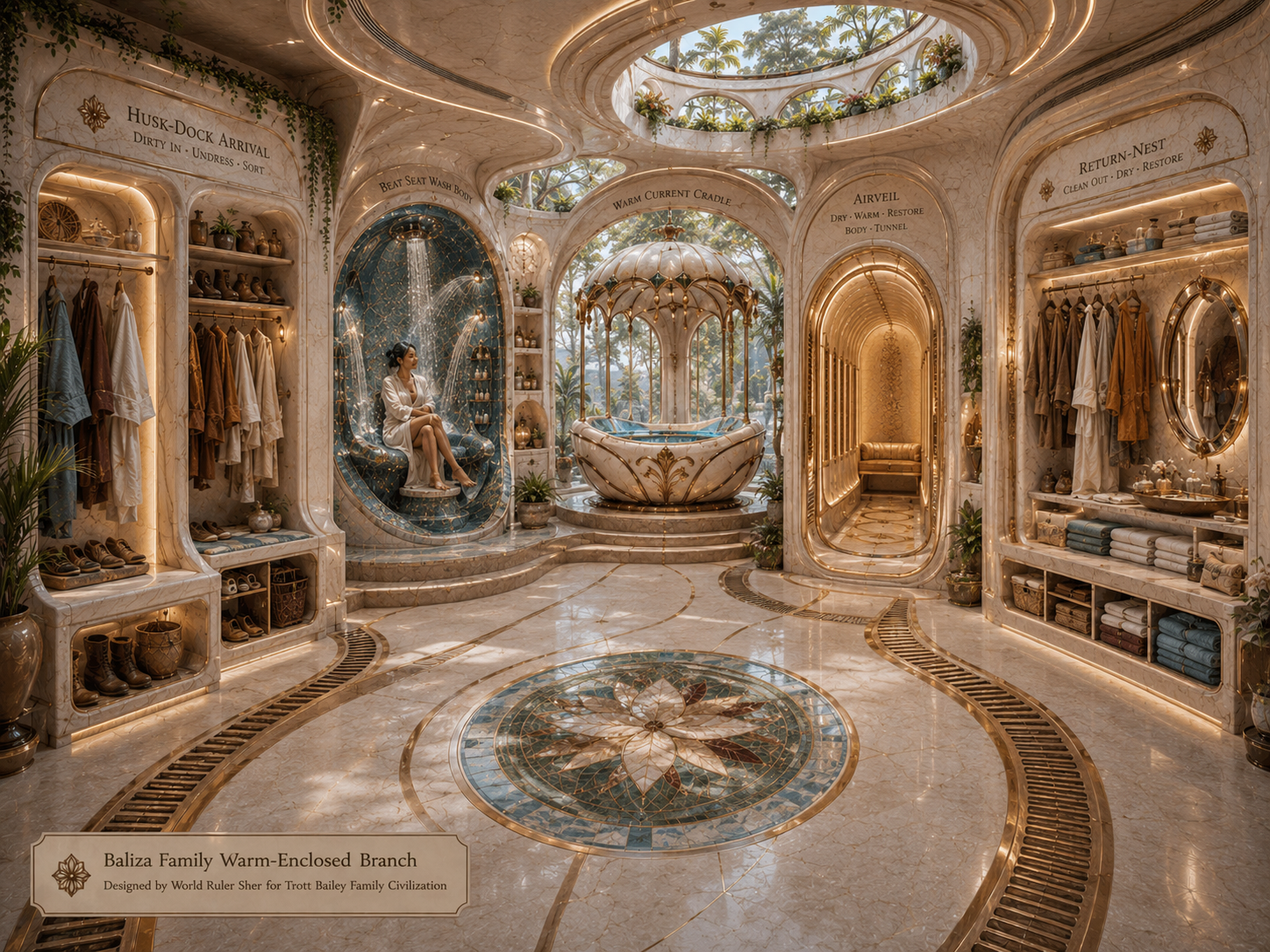 A woman in a white robe sits under a waterfall shower in a luxurious, futuristic marble bathroom with gold accents, lush plants, and a central ornate bathtub.