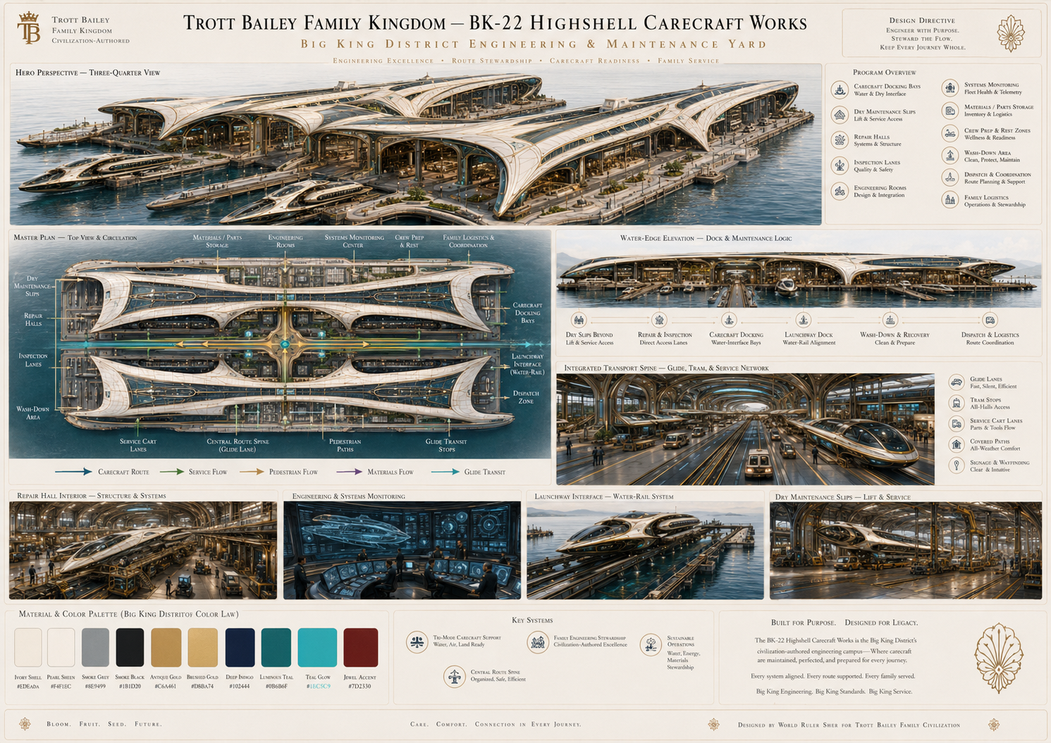 An intricate architectural blueprint details the “Trott Bailey Family Kingdom – BK-22 Highshell Carecraft Works,” a futuristic water-based complex with multiple docking bays, maintenance facilities, and integrated transport systems, including a “Water-Rail System.”
