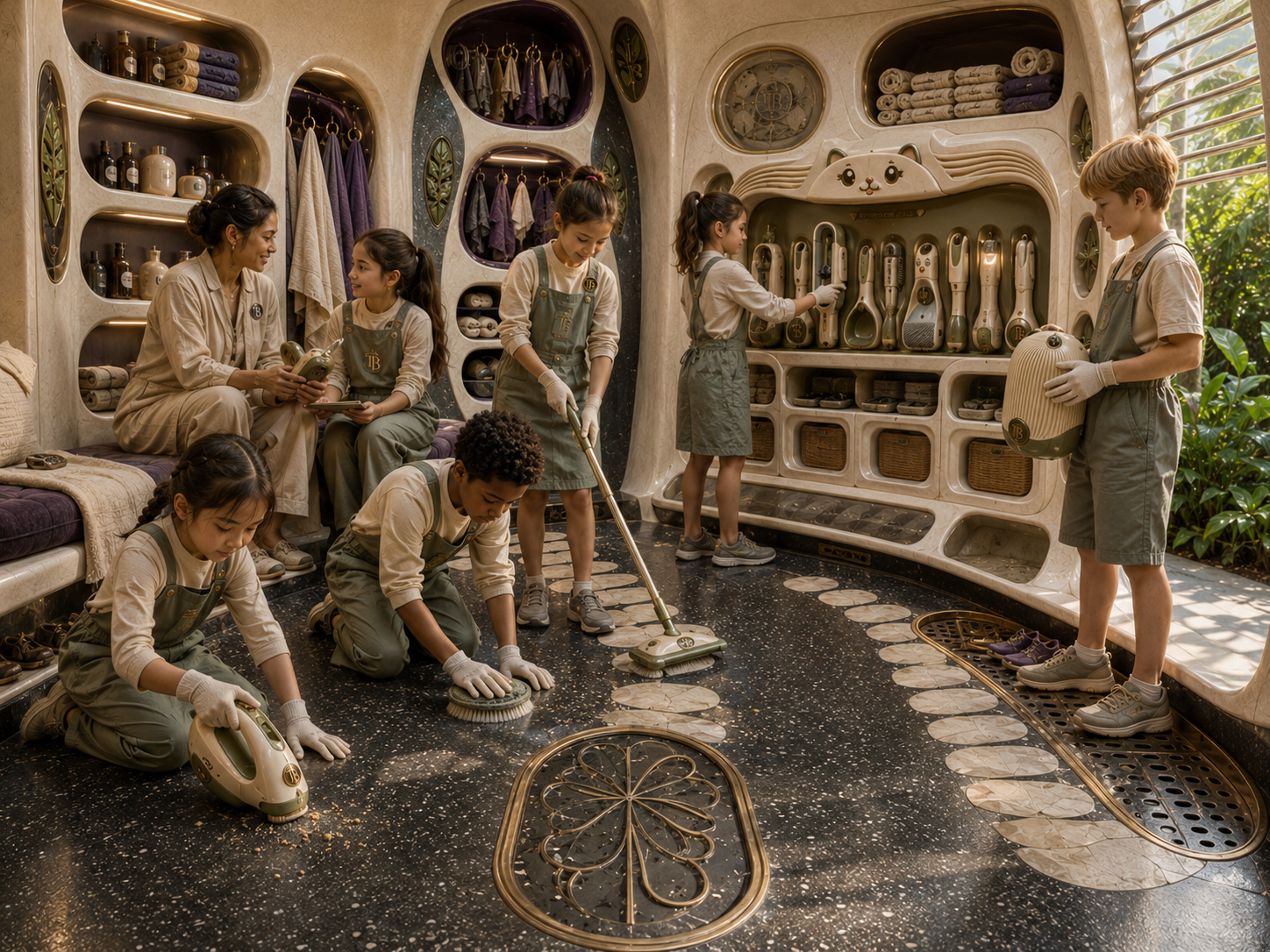 A woman and five children in matching outfits clean a futuristic room with built-in shelves and unique cleaning tools.