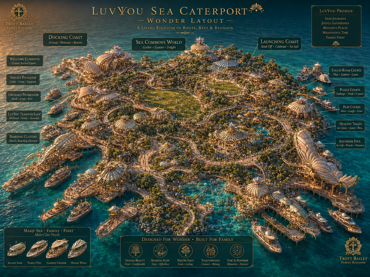 An aerial rendering of the “LuvYou Sea Caterport – Wonder Layout,” a luxurious island resort with golden-domed buildings, lush greenery, and numerous boats docked in the turquoise