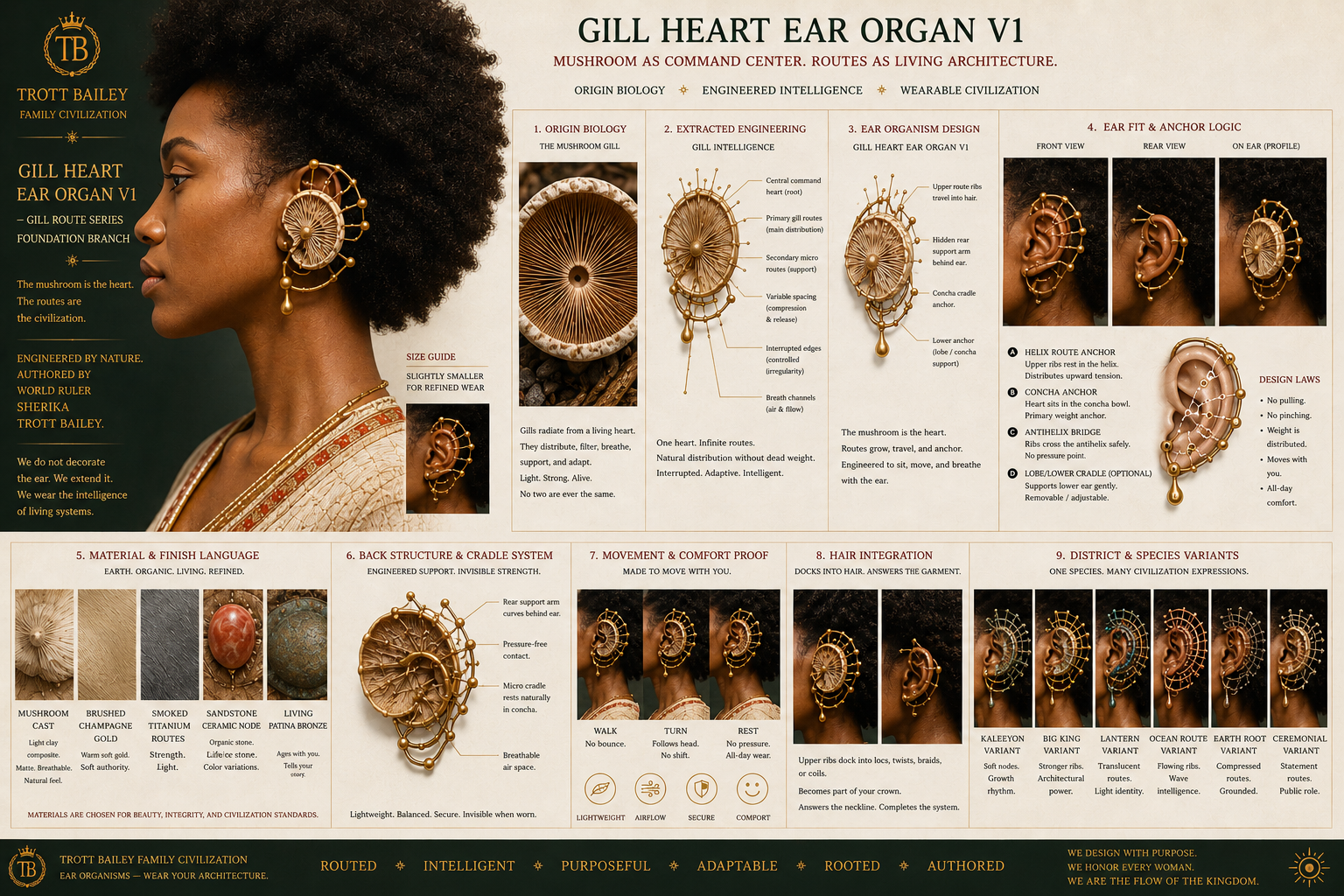A woman with dark skin and natural hair wears a large, intricate gold ear cuff that resembles a mushroom gill, with text describing its design and materials.