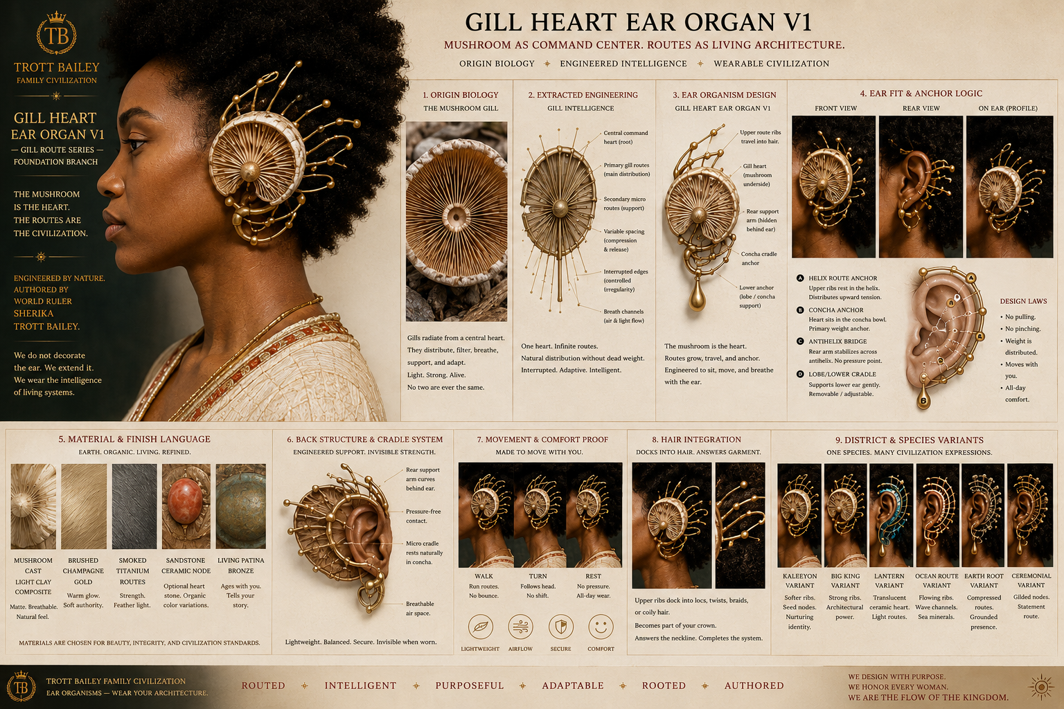 A woman with dark curly hair wears an elaborate golden ear cuff designed like a mushroom gill, with text describing its “Gill Heart Ear Organ V1” concept.