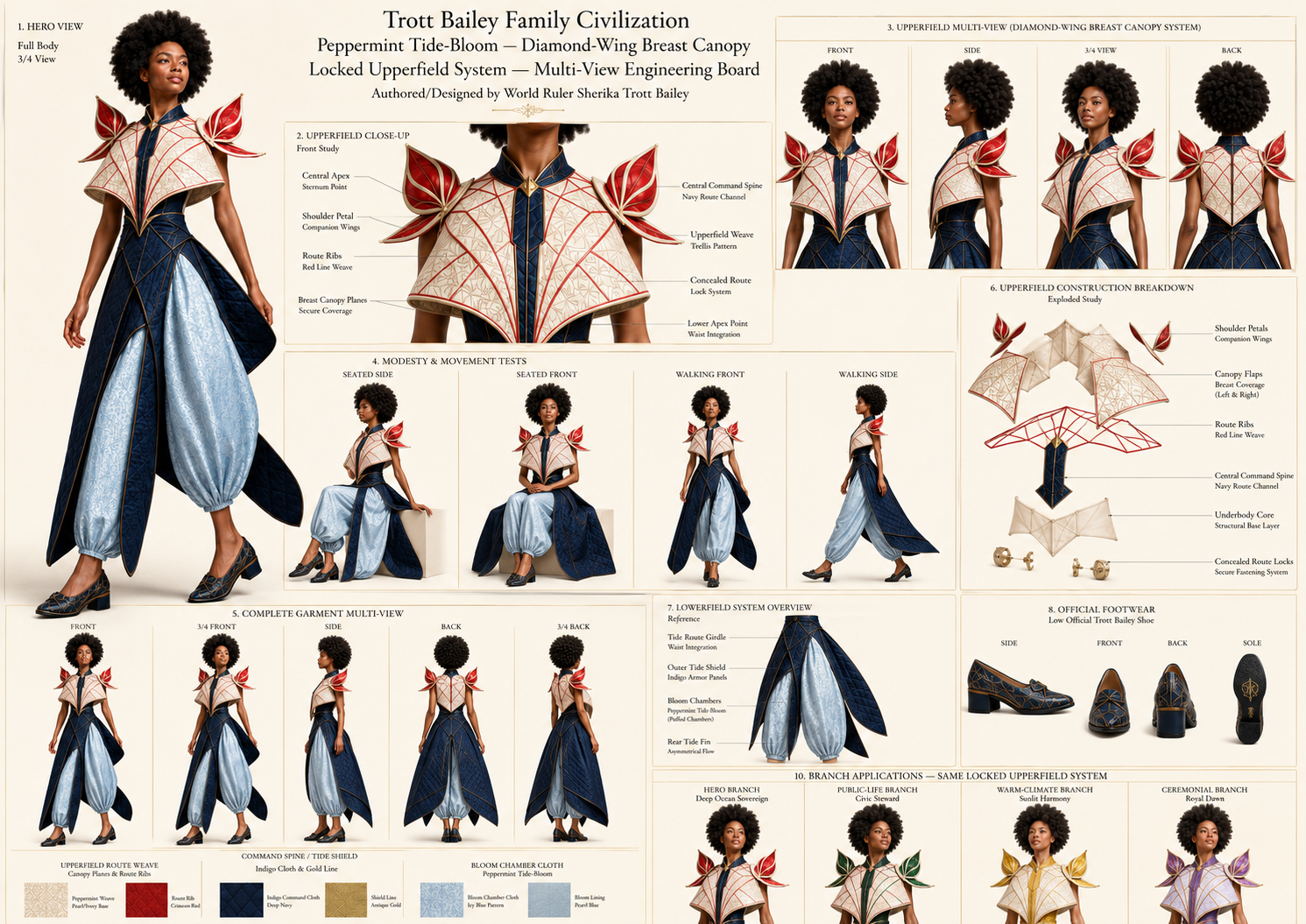 A design sheet for a fantasy costume called “Peppermint Tide-Bloom,” featuring a dark-skinned woman with an afro modeling the blue and white garment with red accents in various poses, close-ups, and construction diagrams.