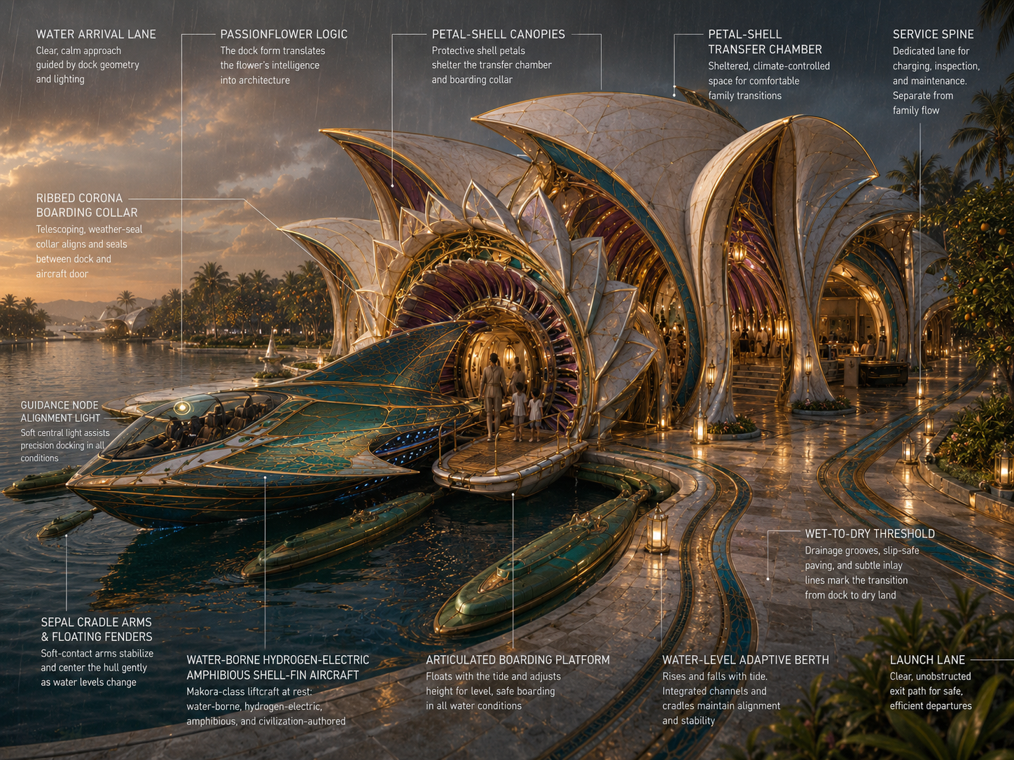 An architectural rendering of a futuristic, flower-inspired dock with a hydrogen-electric amphibious aircraft, featuring detailed labels for each component.