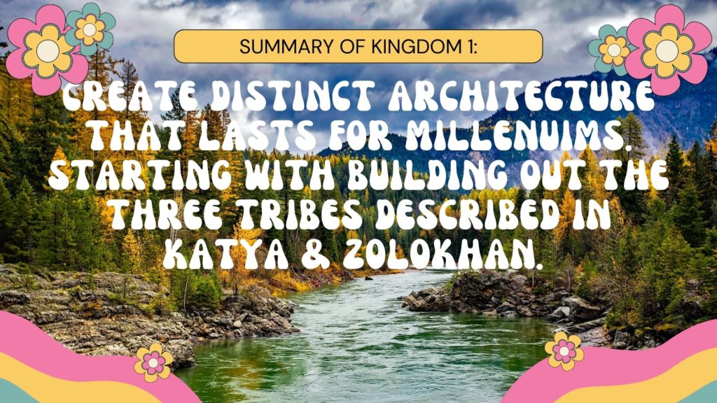 5 create distinct architecture that lasts for millenuims starting with building out the three tribes in katya and zolokhan. use of precious and