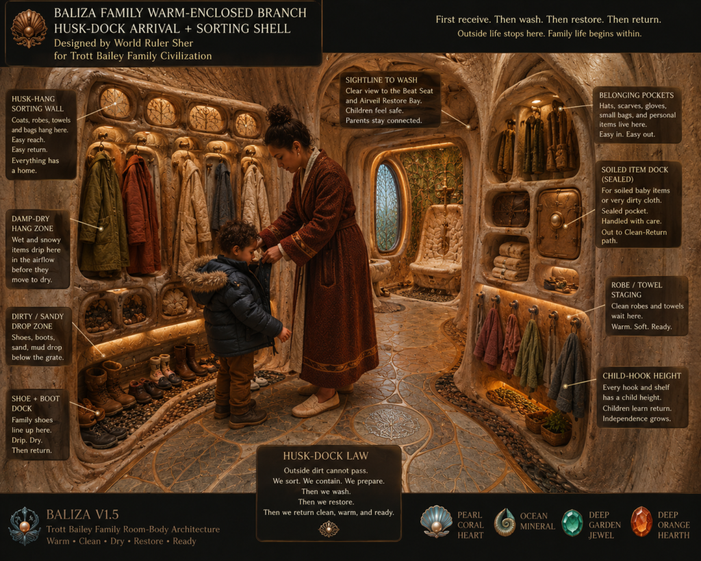 A woman in a robe helps a child in a winter coat in a "Husk-Dock Arrival + Sorting Shell" room, featuring labeled zones for coats, shoes, and soiled items, designed for the "Baliza Family Warm-Enclosed Branch."