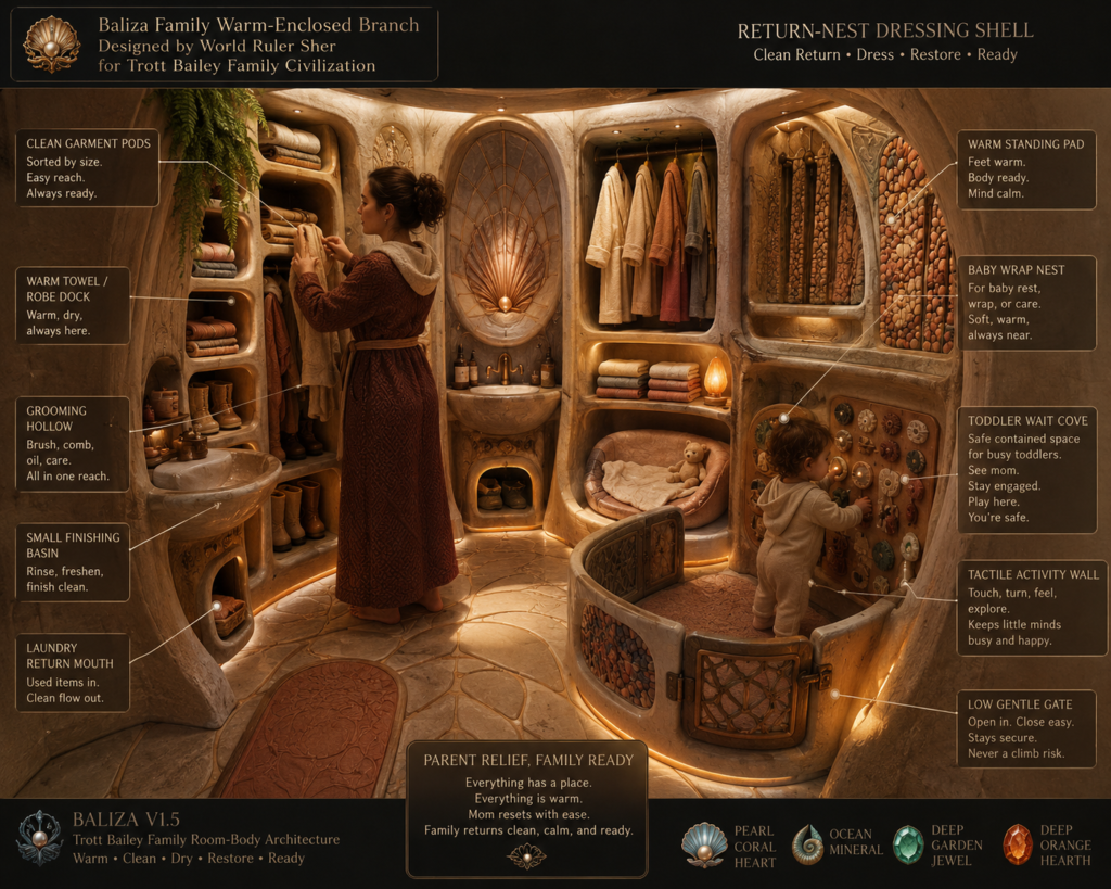 A woman in a long robe organizes clothes in a "Baliza Family Warm-Enclosed Branch" dressing room with a toddler playing in a "Toddler Wait Cove" featuring a "Tactile Activity Wall."