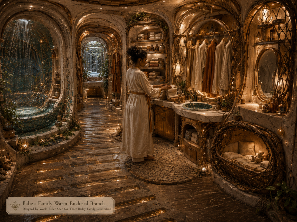 A woman in a long white robe stands at a marble vanity in a luxurious, warm-lit bathroom with a waterfall shower, clothing rack, and a woven cradle.