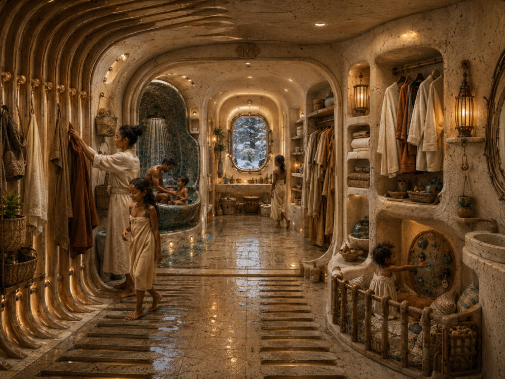 A family of five enjoys a luxurious, spa-like bathroom with a mother and daughter drying off, a father and son bathing, and another child playing.