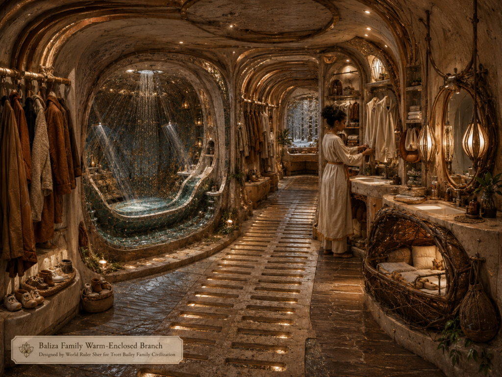 A woman in a long dress stands in a luxurious, cave-like room with a large, ornate bathtub under a showering waterfall and a cozy baby bassinet.