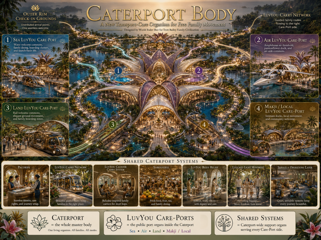 An illustrated map of "Caterport Body," a futuristic transport-care organization with four distinct "LuvYou Care-Ports" for sea, air, land, and local travel, surrounded by lush tropical landscapes and waterways.