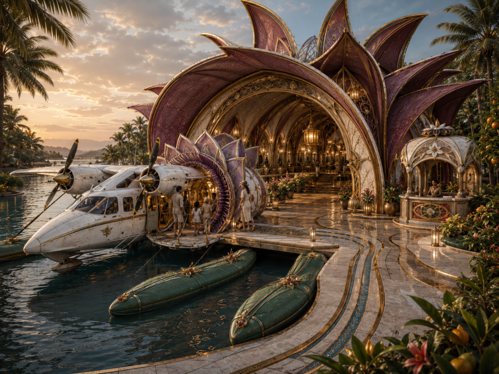A seaplane docked at a luxurious, ornate building with purple and gold lotus-petal architecture, as people disembark onto a marble pathway surrounded by lush tropical plants.
